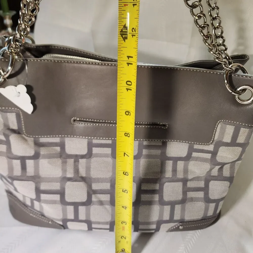 Nine West Purse Shoulder Bag Tote Geometric Blocks Platinum Gray Neutral Roomy